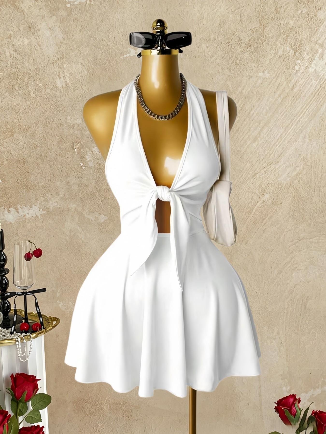 Sexy Halter Deep V Neck Hollow Out A-Line Dress, Summer Streetwear Short Dress, Trendy Single Piece, Graphic, Perfect for Casual, Chic Casual Outfits