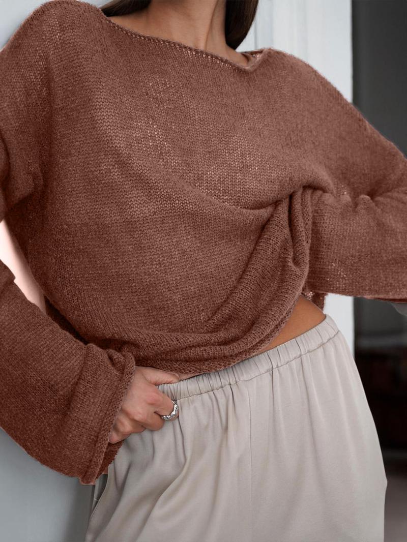 Women's Sheer Thin Spring Summer Loose-Fit Plaid Hollow Out Sweater Pullover, Casual Round Neck Batwing Sleeve Knitwear for All Seasons