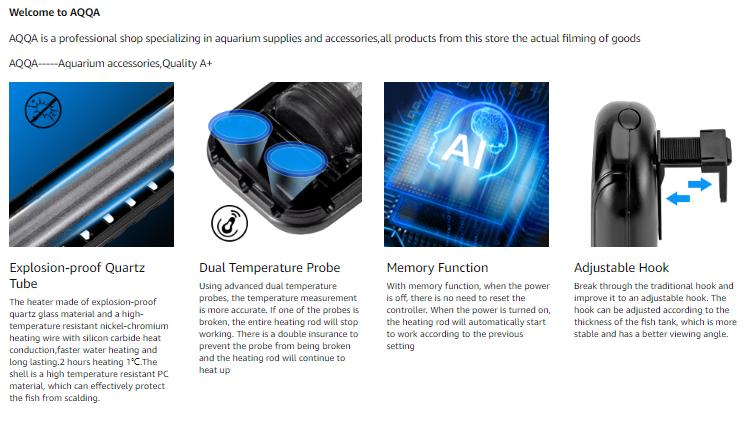 AQQA Submersible Aquarium Heater, Fish Tank Heater,External Temperature Controller LED Temperature Display,Suitable for Saltwater and Freshwater