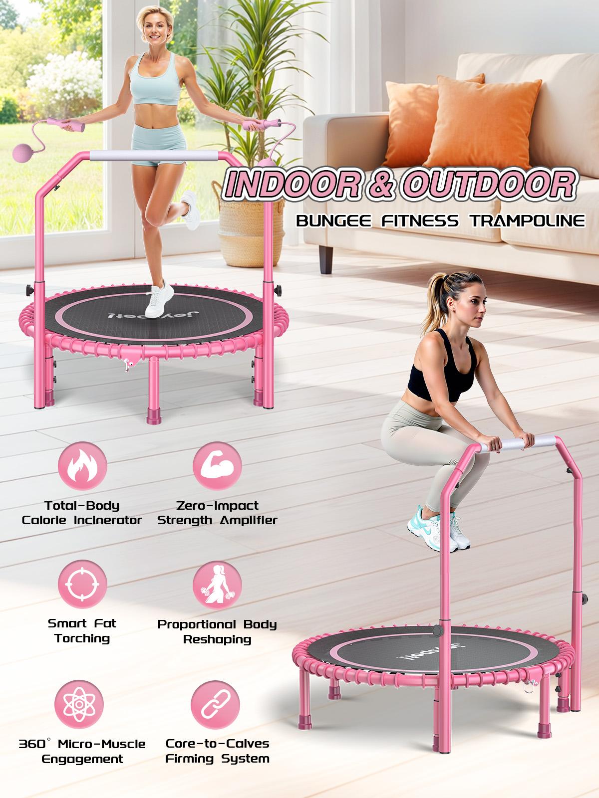 JOY SPOT! 450 LBS Foldable Trampoline 40" Fitness Trampoline with Bungees Adjustable Foam Handle/T Handle No Rope Training Jump Rope Home Gym Workout Stable Quiet Exercise Rebounder for Adults