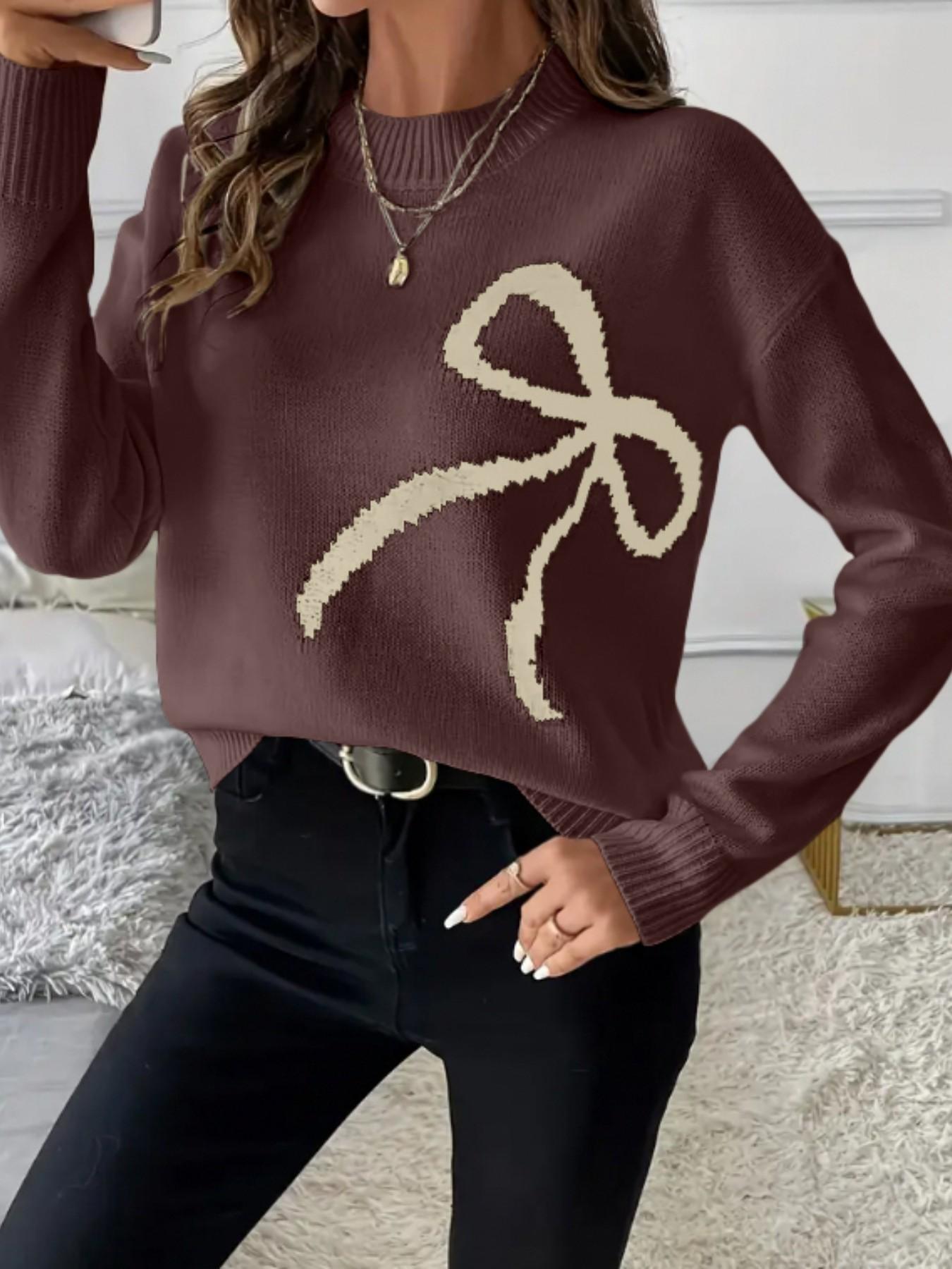 Women Bow Pattern Crew Neck Knit Sweater, Long Sleeve Loose Drop Shoulder Cropped Pullover, Coquette Aesthetic Fall Casual Tops