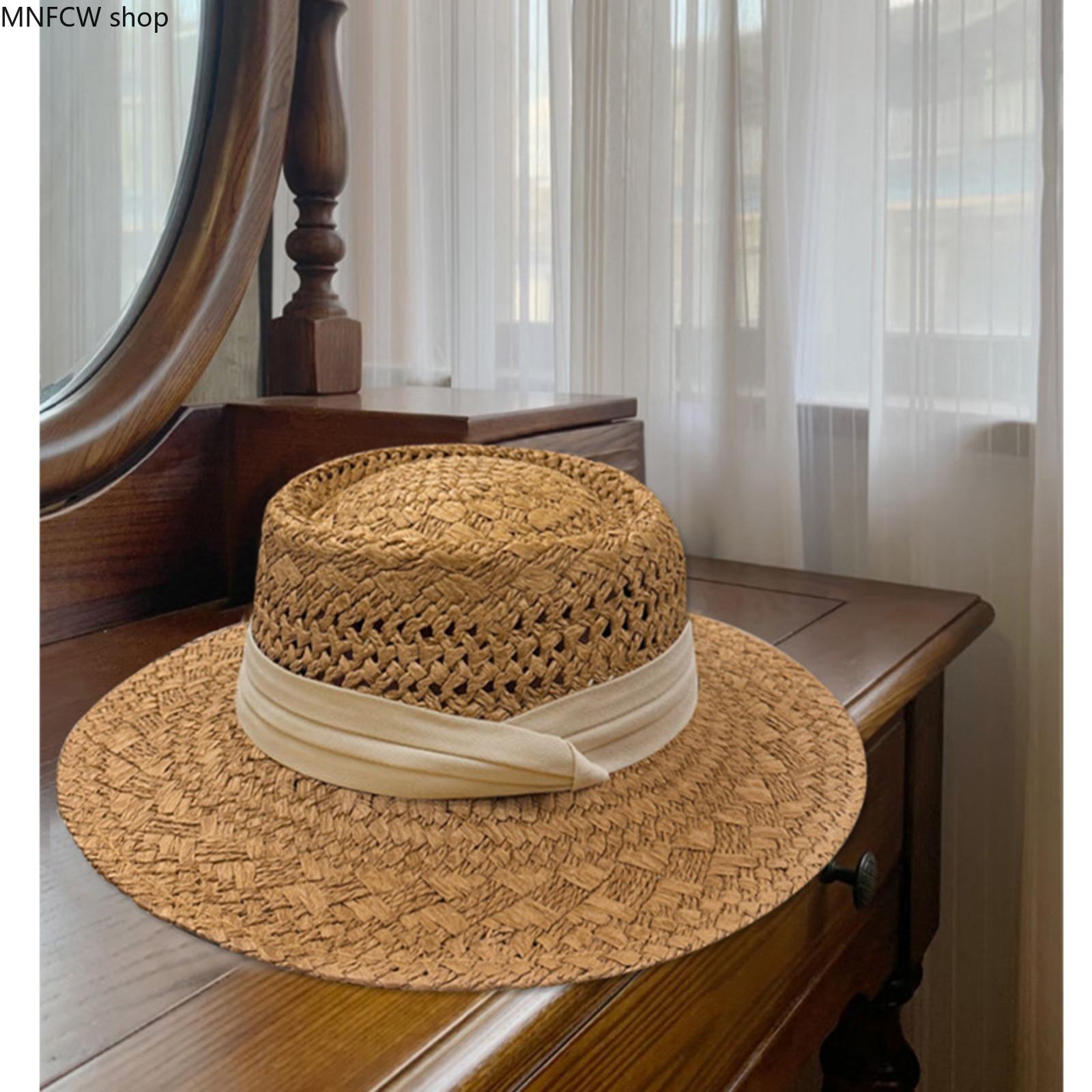 Women's Cotton Straw Hat - French-Style Flat-Top Wide-Brim Fedora, Casual Hat for Large Sizes, Beach Vacation Accessories for Women, Cotton Hat, Hats