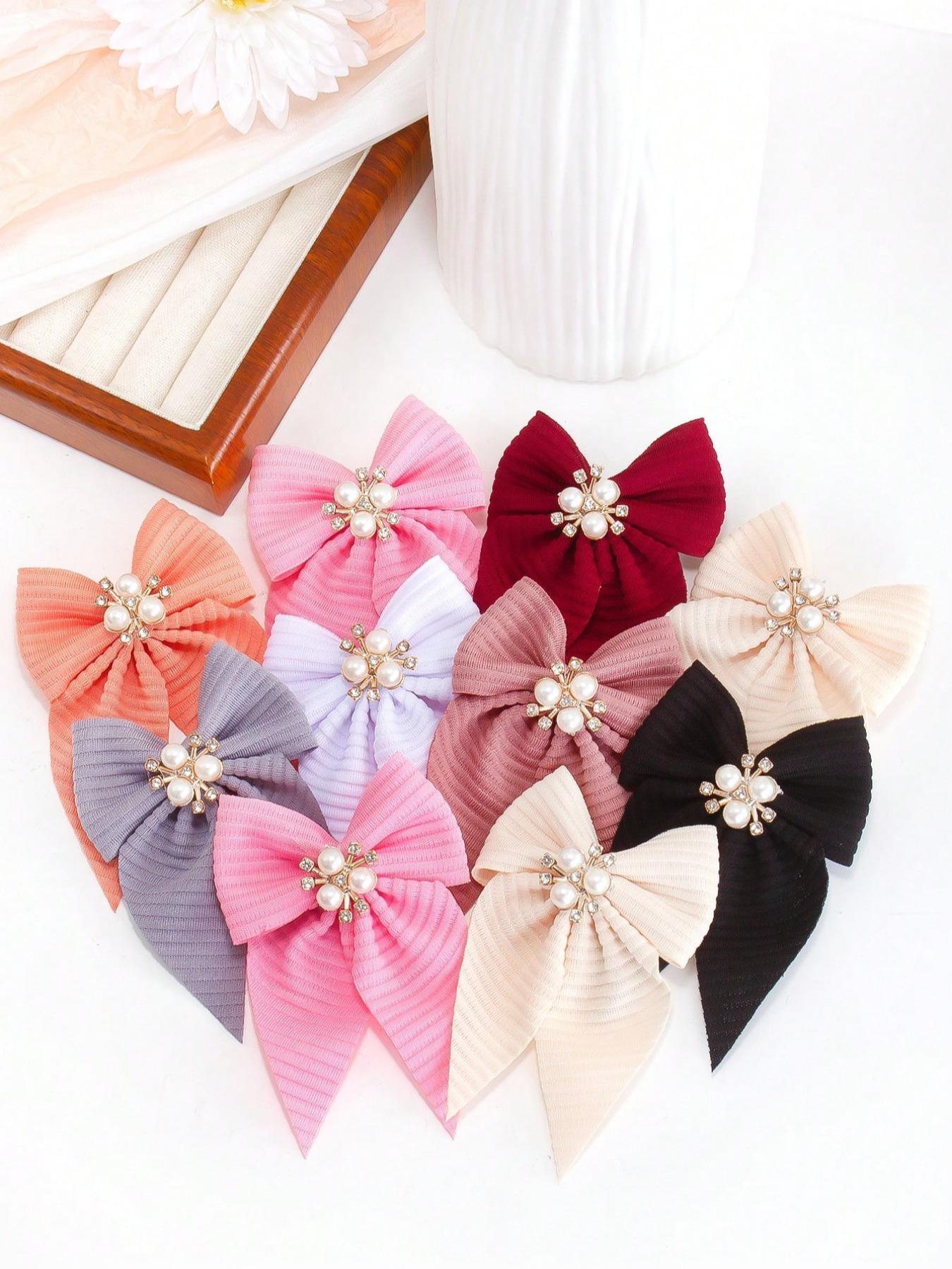 8pcs/Set Girls Solid Color Textured Bow Pearls Crystal, Elegant Princess Hair Accessories Sets For Daily Use