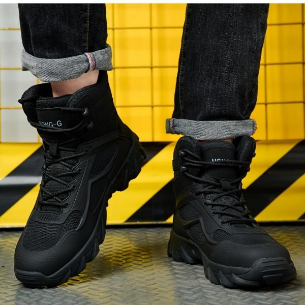 NIEION Men's High Top Steel Toe Safety Boots with Magnetic Closure & Anti-Slip Sole Waterproof Slip-Resistant Black Work Shoes for Outdoor Labor