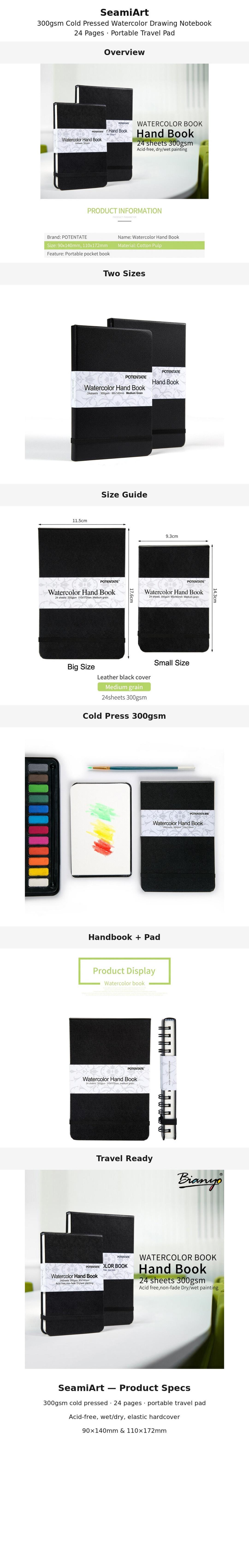 SeamiArt Watercolor Hand Book - 24 Sheets 300gsm Cotton Pulp Medium Grain Paper, Leather Cover Pocket Watercolor Sketchbook for Dry Wet Painting, Plein Air Travel Art Supplies campingessentials SeamiArt Watercolor Hand Book - 24 Sheets 300gsm Cotton Pulp Medium Grain Paper, Leather Cover Pocket Watercolor Sketchbook for Dry Wet Painting, Plein Air Travel Art Supplies campingessentials