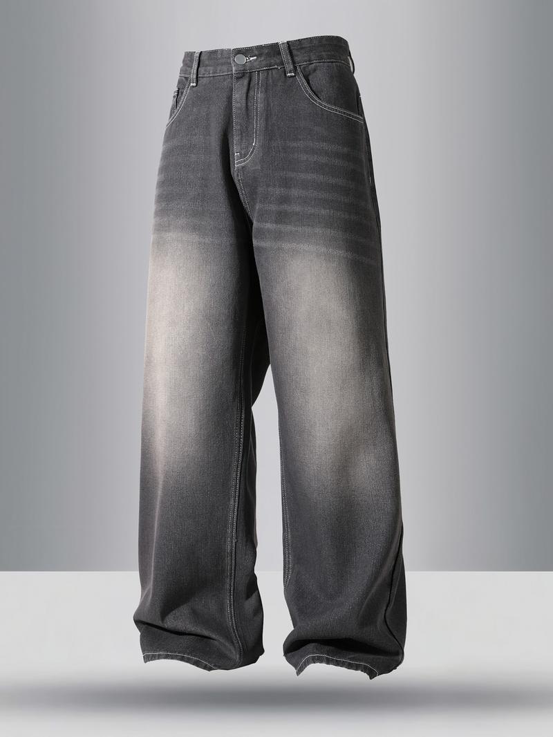 Men's vintage washed loose straight-leg jeans, casual four-season street style, zipper fly, solid color pattern, daily wear denim pants. If you prefer a looser fit, order one size larger. Men's vintage washed loose straight-leg jeans, casual four-season street style, zipper fly, solid color pattern, daily wear denim pants. If you prefer a looser fit, order one size larger.