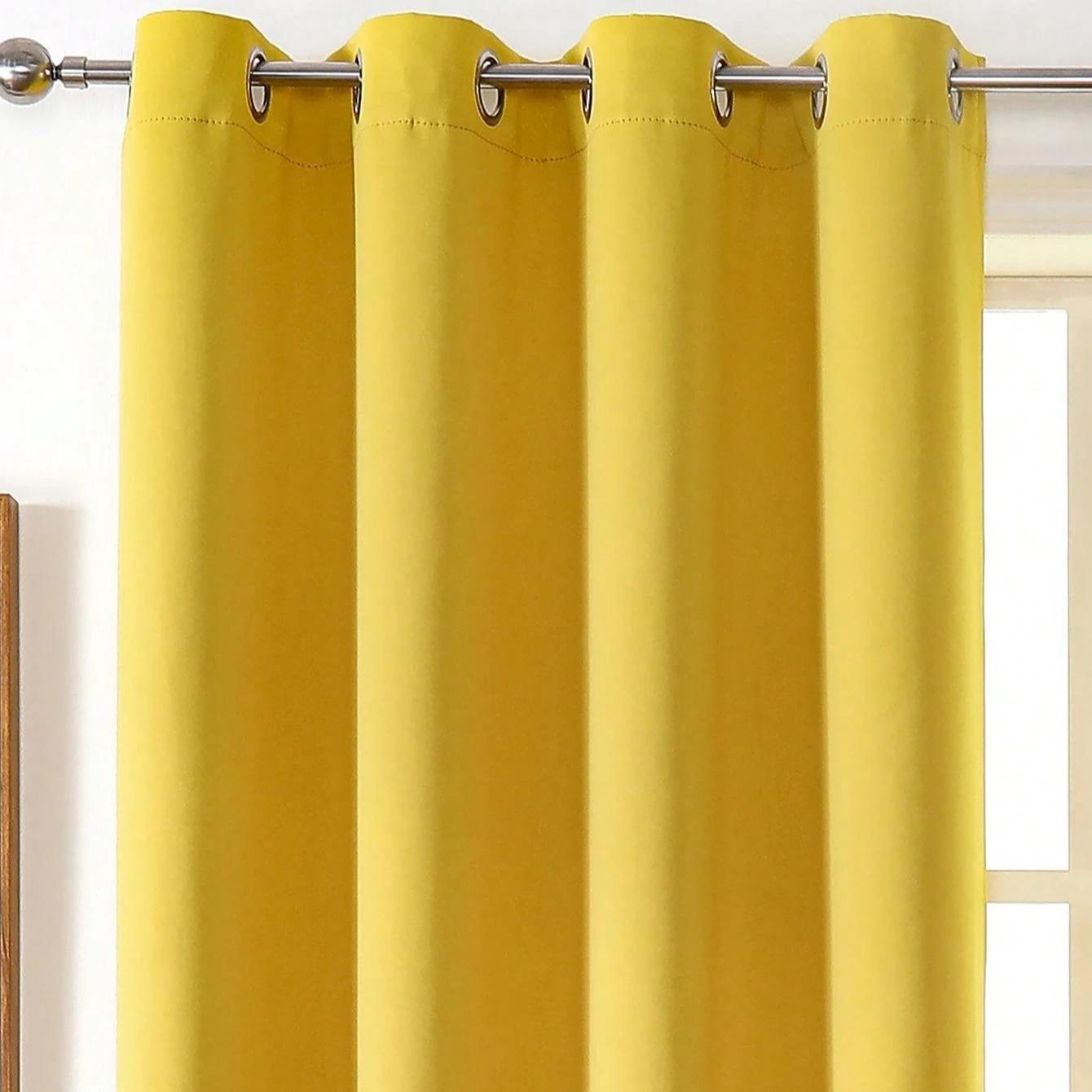 1pc Solid Color Blackout Curtain Panel, Thermal Insulated Room Darkening Curtain For Living Room, Bedroom, Yellow Color