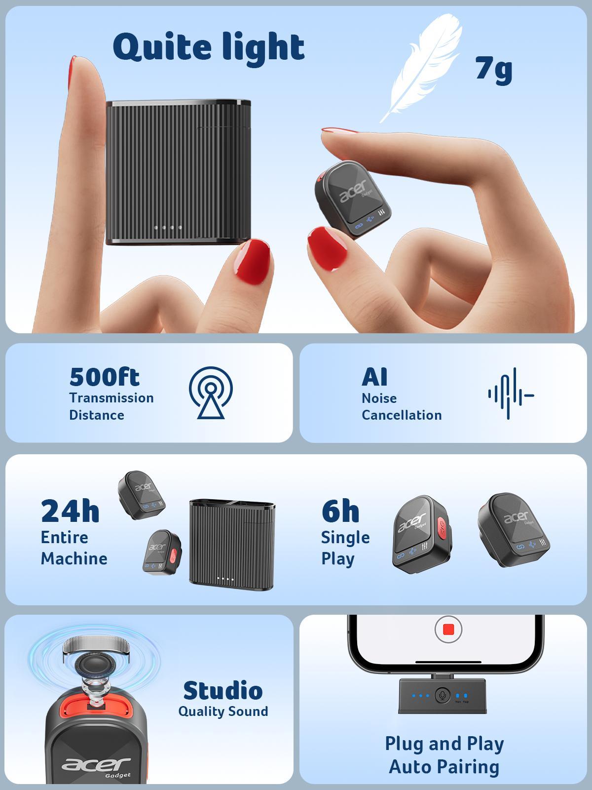 Acer Gadget H01 Wireless Lavalier Microphone for iPhone Android PC Laptop Portable Mini Clip on Mic with Lightning USB C Plug 48KHz 24Bit Noise Cancellation 24H Battery for Video Recording Vlogging Streaming Outdoor - Audio