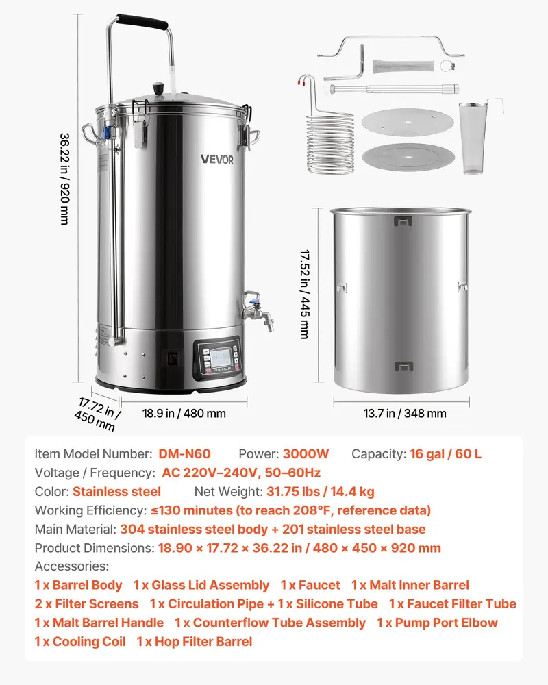 VEVOR Stainless Steel Beer Brewing Equipment for Beginners, 16 Gal/60L 31.75 Lbs / 14.4 Kg Dual Insulation All-in-1 Home Beer Maker, 3000W Digital Control, Anti-Burn Pump, Wort Chiller, Recipe Memory, Timer, Removable Mesh Strainer, 16 Gal / 60 L