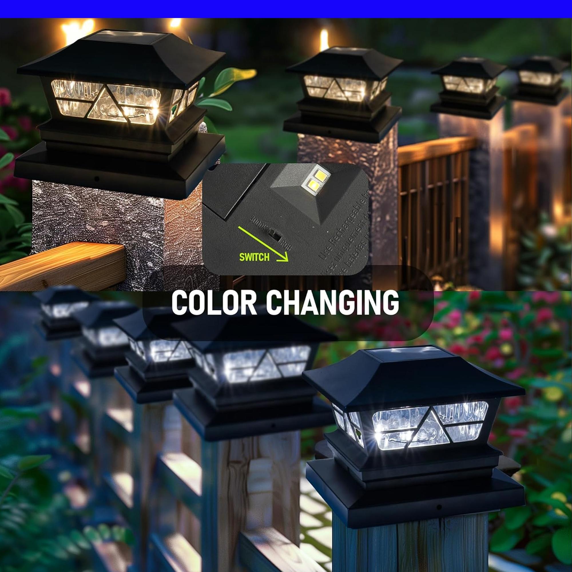 4/8/12 Pack Solar Outdoor Fence Post Lights, 2 Modes Post Cap Lights Waterproof Color Changing Warm White/Cool White for Yard, Garden, Porch, Patio Decor, for 4x4 5x5 6x6 Wood Posts