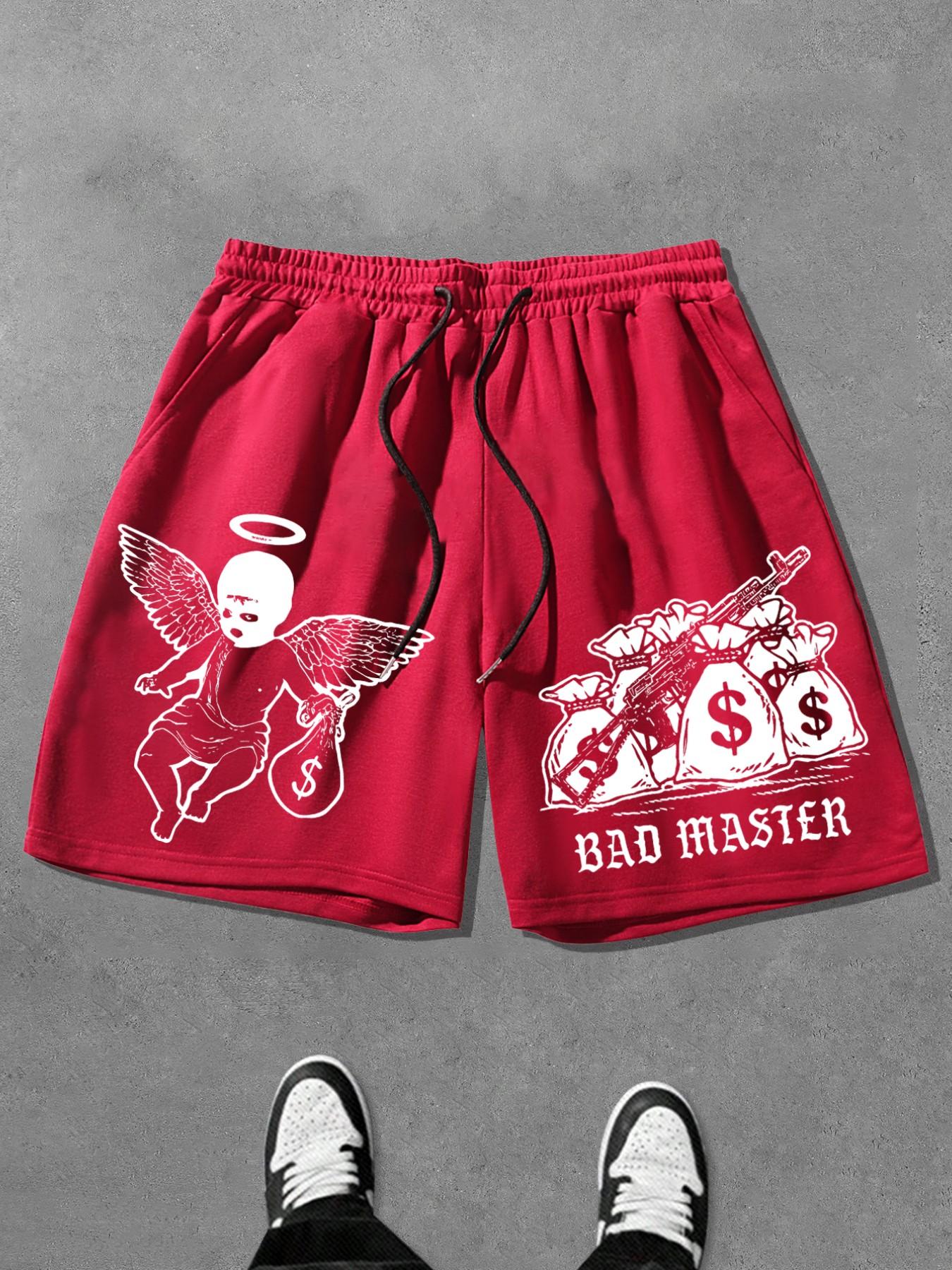 BAD MASTER Men's Streetwear Graphic Shorts - Y2K Dark Angel & Money Bag Print, Loose Fit Summer Bottoms for Urban Grunge & Punk Aesthetic Daily Outfits.