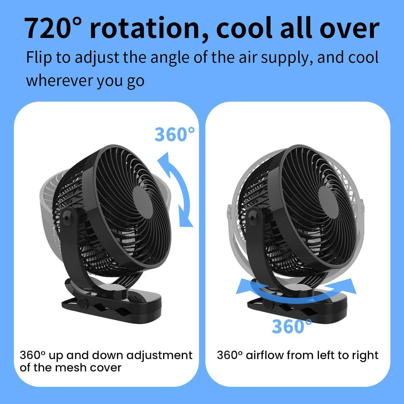 Portable USB Rechargeable Clip-on Fan Desktop Fan, Portable Fan  Personal Stroller Sleeping Fan 720°Angle Adjustable,Suitable for Office, Outdoor Travel, Camping, Gym