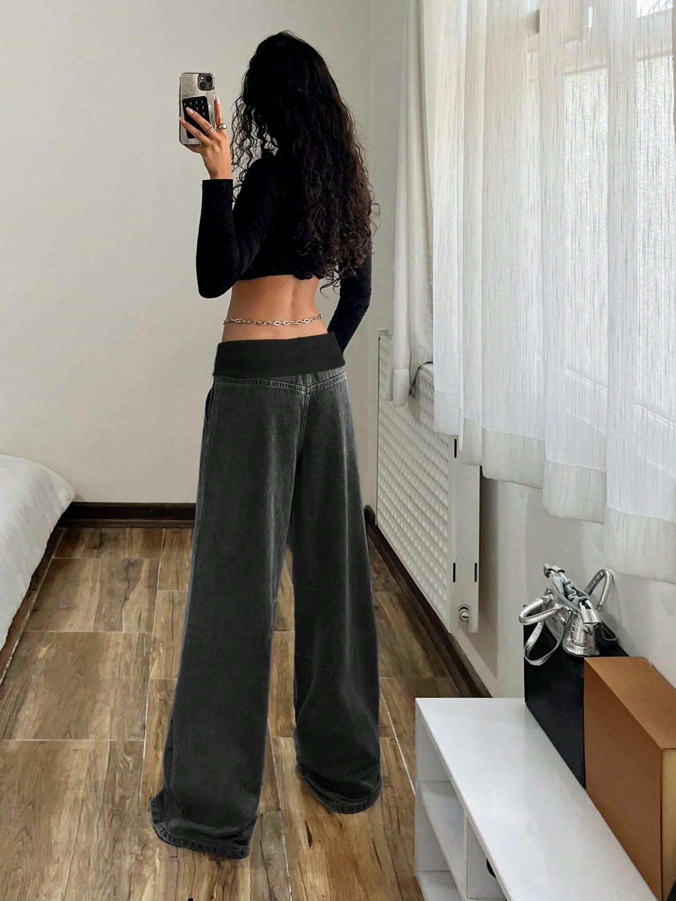 Women's Elastic Waist Oversize Loose Jeans, Four-Season Street Style Wide Leg Pants with Pockets, Casual Y2K Fashion for Outdoor Wear Bottoms, Streetwear
