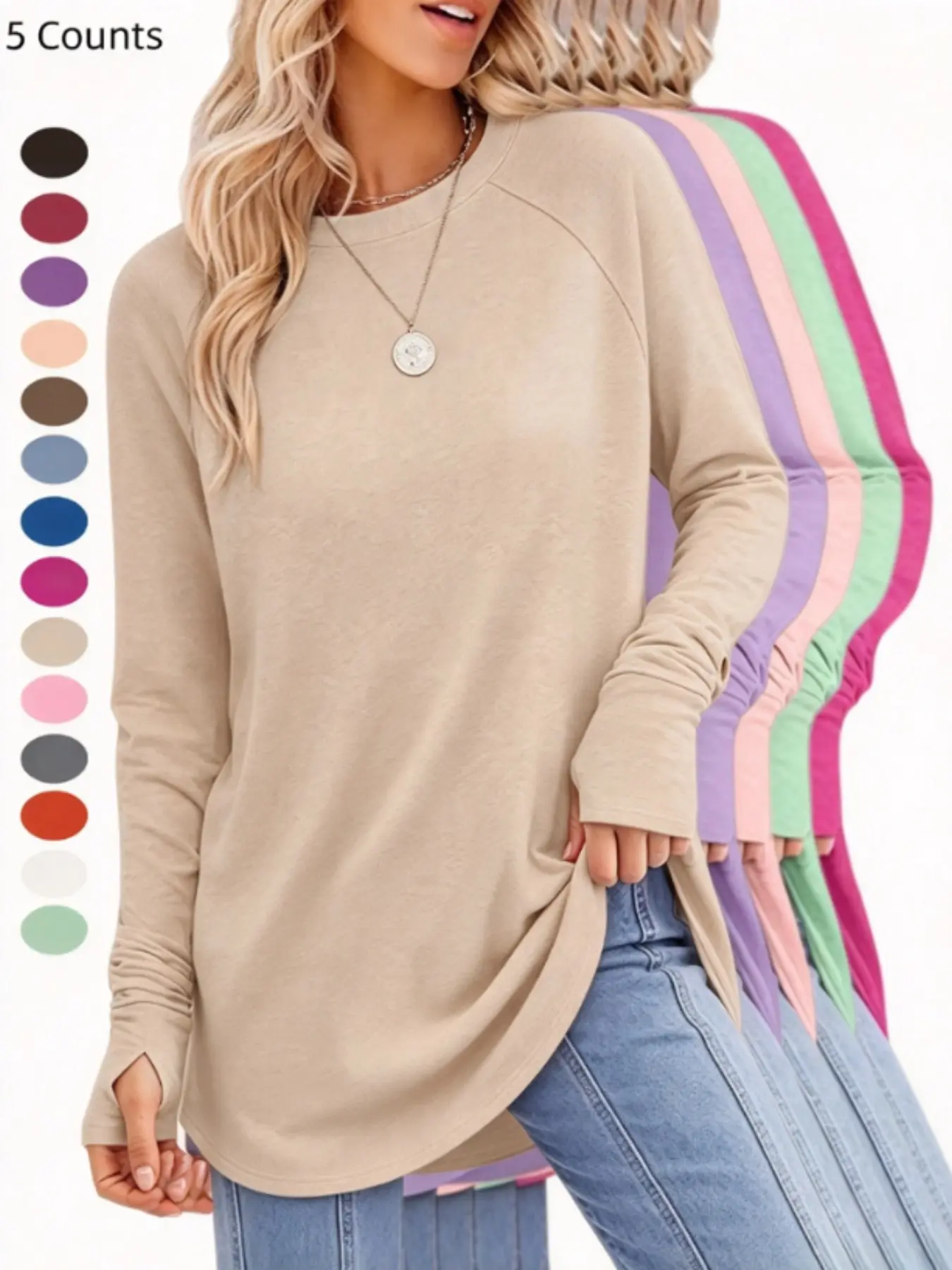 Women's Casual Round Neck Raglan Sleeve Long Tunic Top, Thumb Hole Cuffs, Loose Fit Side Split, Long Sleeve Shirt for Daily Wear