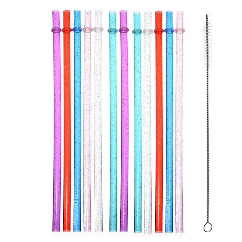 Reusable Drinking Straws with Cleaning Brush, 12pcs Durable Plastic Colorful Glitter Drinking Straws, Drinking Supplies for Home Kitchen Party Picnic Outdoor