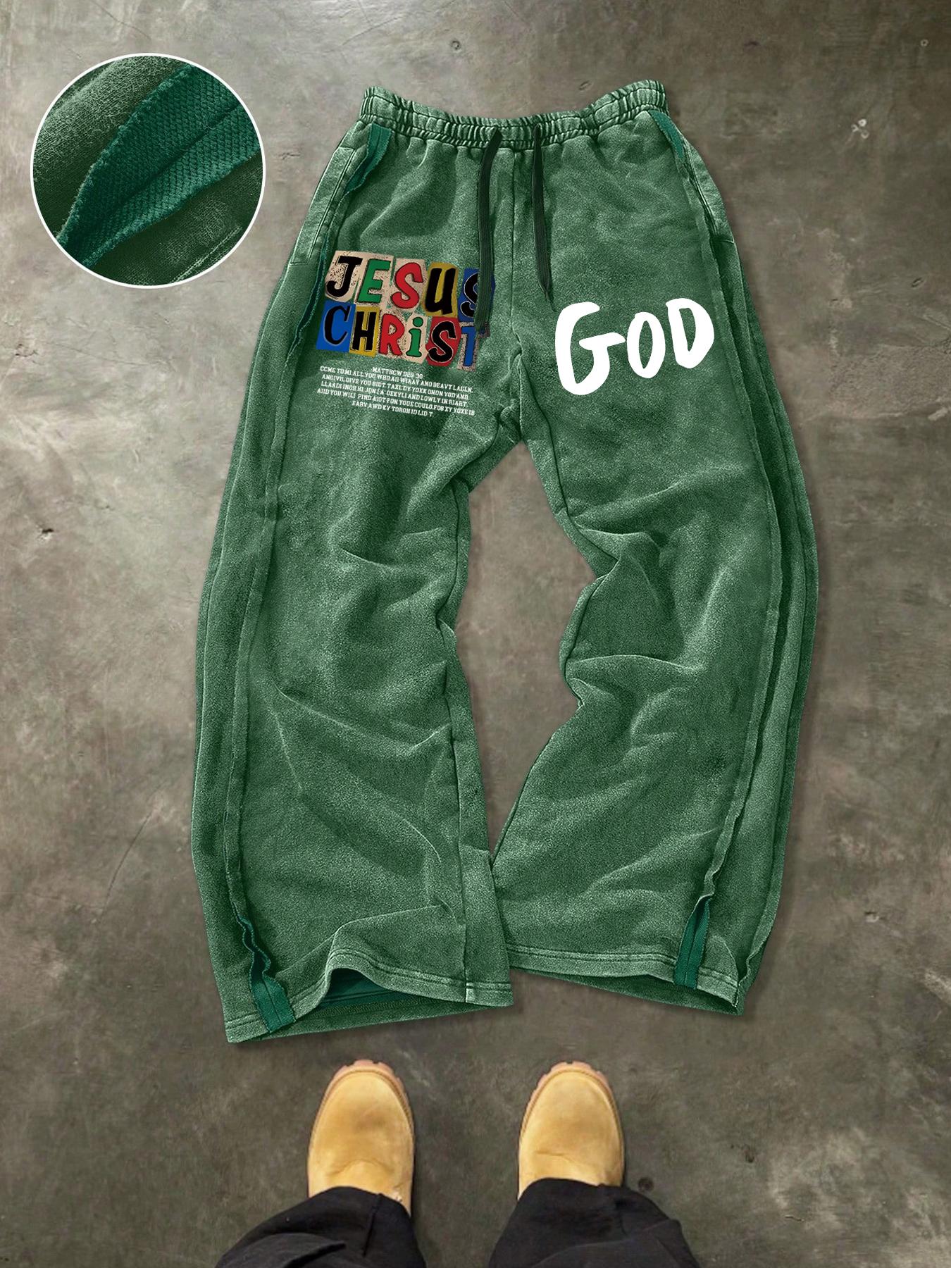 Men's Washed Cotton Sweatpants, Side Hem Stitching Long Pants, Jesus Print, Multiple Colors Available, Casual Fitted H-Type
