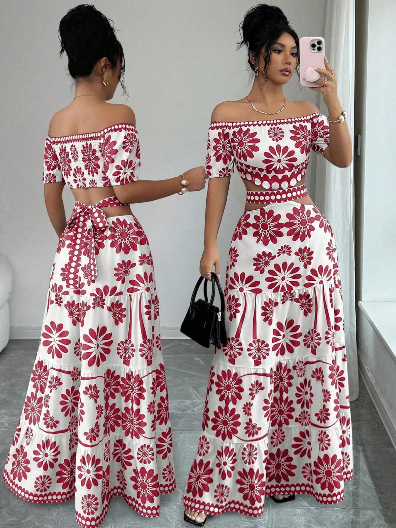 Women's Floral Off-Shoulder Short Sleeve Hollow Out Waist Fashion Chic Dress, Tropical Vacation Women's Dress, Long Dress for Summer Women's Floral Off-Shoulder Short Sleeve Hollow Out Waist Fashion Chic Dress, Tropical Vacation Women's Dress, Long Dress for Summer