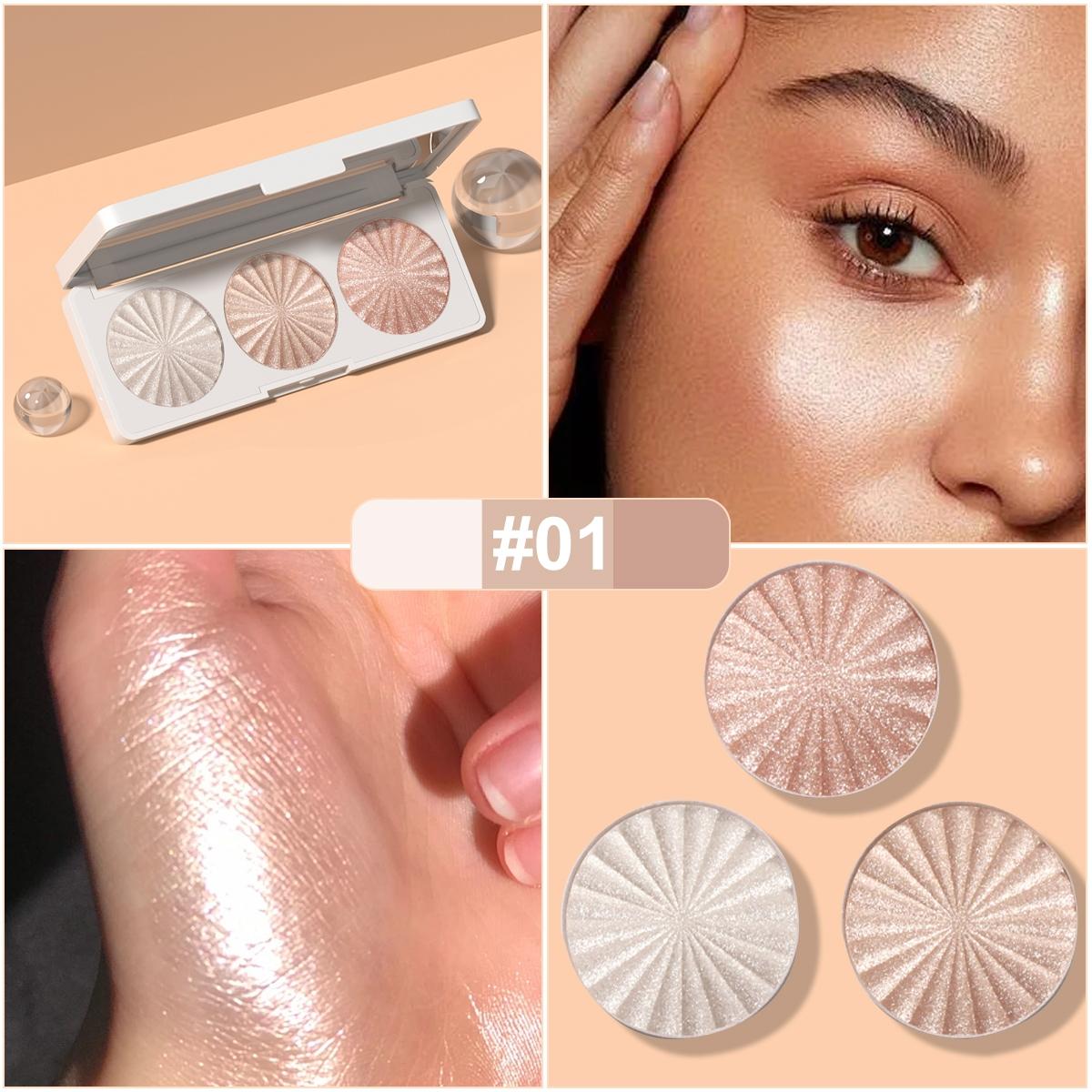 3-color highlighter palette, waterproof long-wearing multi-functional makeup palette. Available in 3 shades ranging from light pink to shimmering gold, it can be used as blush, contour, eyeshadow and facial brightener. This portable facial makeup product