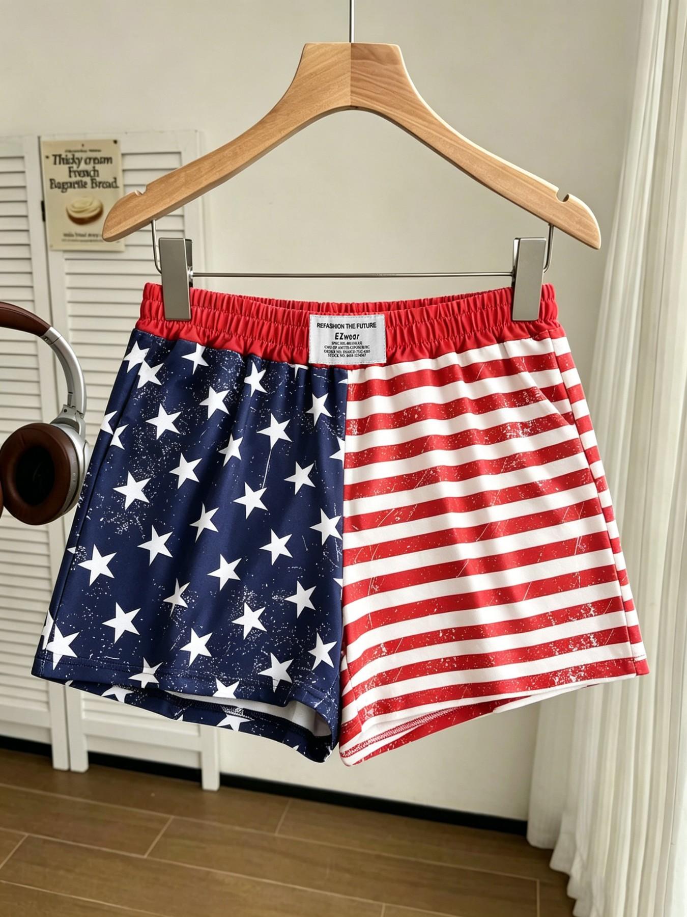 American Vintage Flag Brief Shorts, Y2K Elastic Waist, Loose-Fitting Casual Style, All over Print, Summer Fashion, Youthful Look
