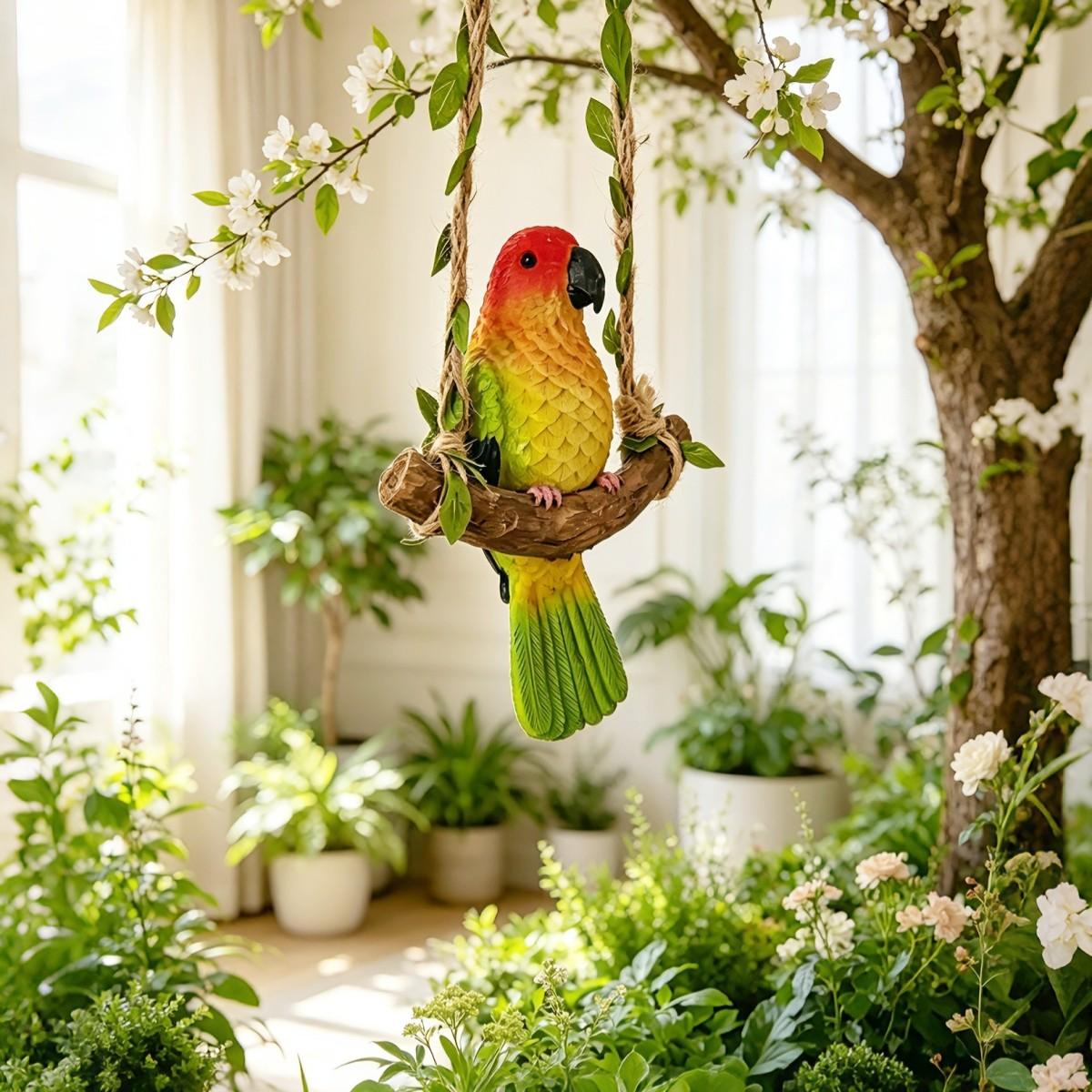 Colorful Bird Swing Decoration, Realistic Parrot Hanging Ornament, Resin Parrot Sculpture for Home Outdoor, Garden Decor Gift