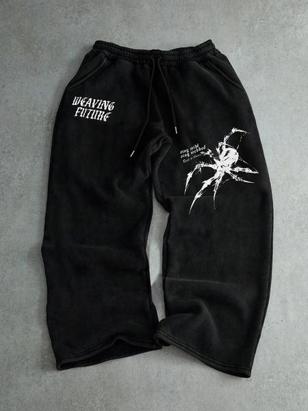 Men's Letter & Spider Print Drawstring Waist Loose Straight Leg Pants, Casual Lounge Pant, Casual Fall Winter Fitted Design, Multiple Colors Available