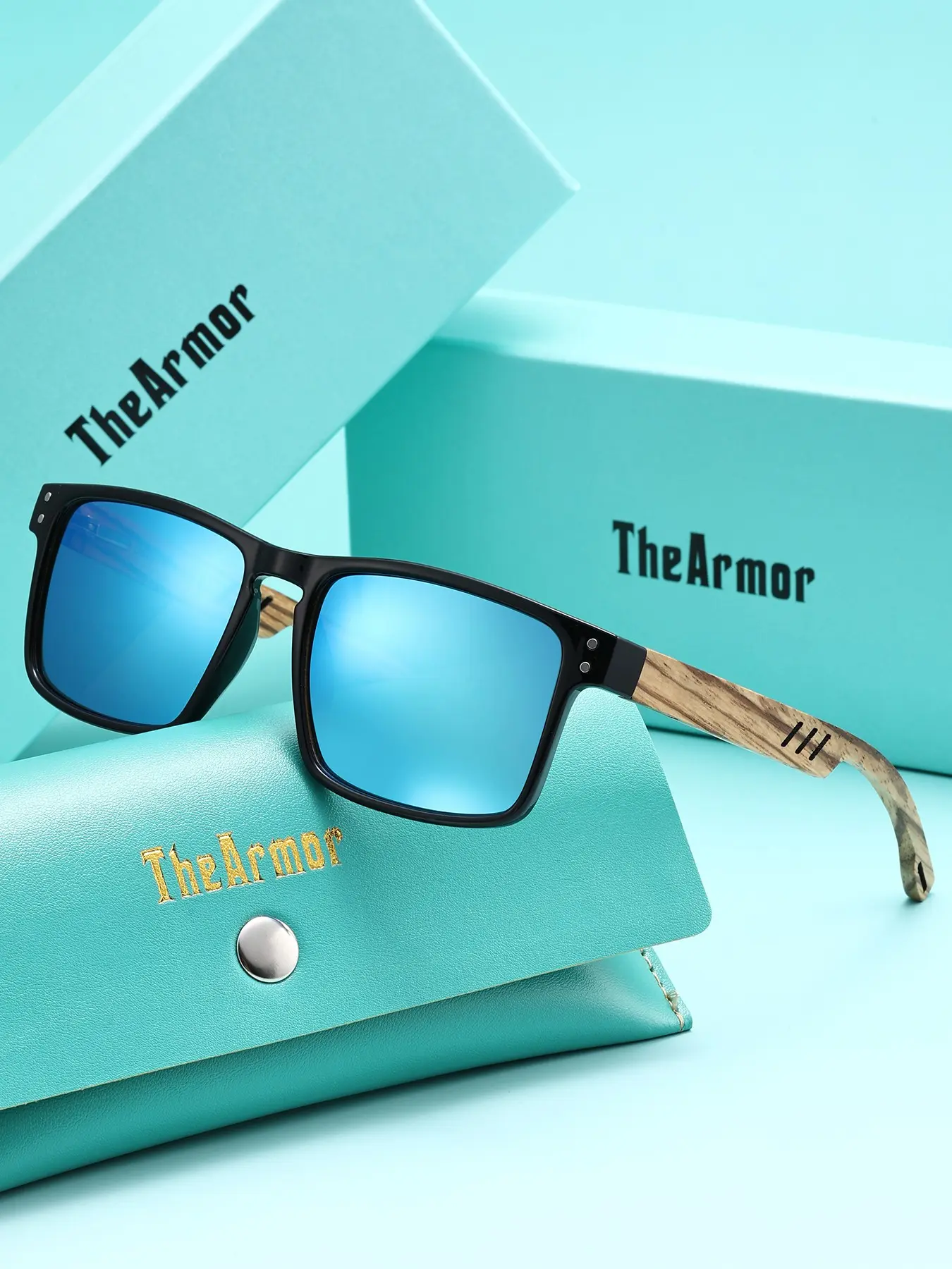 The Armor Polarized Sunglasses with Wood Temples UV400 Anti-Glare Lightweight Black Square Frame Outdoor Eyewear