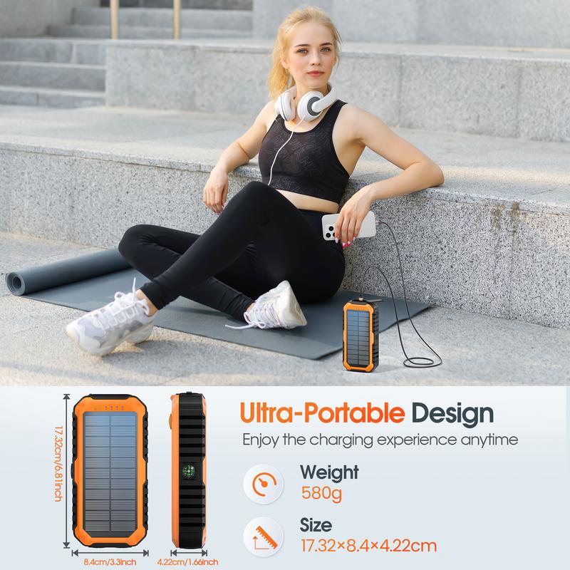 citicr 40000 mAh Hand-cranked power generation Solar Charger Power Bank   Built in 4 Cables 6 Outputs QC3.0 PD20W Watts Fast Charging Power Bank for All Mobile Devices 3 Inputs Solar Portable Charger with Dual Flashlights, Compass level, lanyard