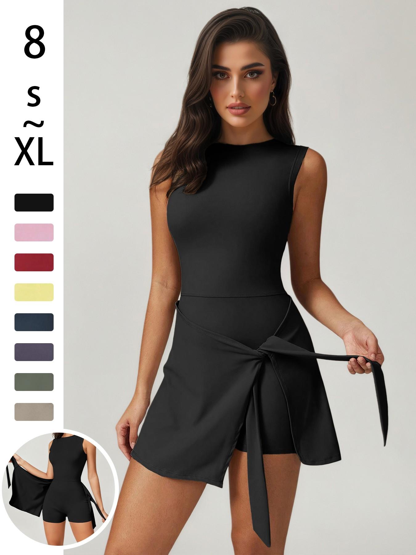 Women's Sporty Jumpsuit Dress Set, High Elasticity Yoga, Comfortable Fitted Fitness Commute Wear, All-Season Casual Outdoor Clothing, Sleeveless Athletic Dress, Sleeveless Sports Dress