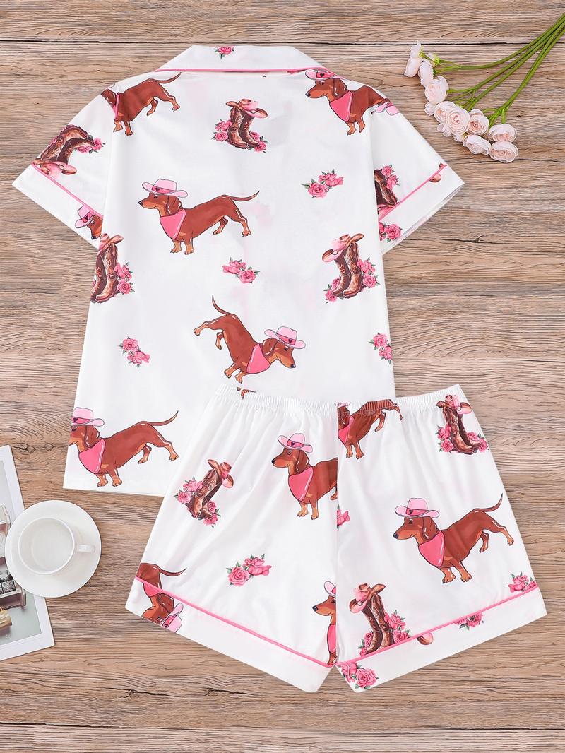 Women's All Over Dachshund Print Shirt & Elastic Waist Shorts Pyjama Two-piece Set, Casual Comfy Short Sleeve Collared Top & Shorts PJ Set, Ladies Sleepwear for All Seasons, Loungewear, Sleep Pajamas Shorts
