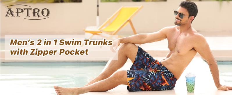 APTRO Men's 9" Swim Trunks with Compression Liner & Zipper Pockets Quick-Dry 2-in-1 Board Shorts for Beach & Pool - Swimtrunks