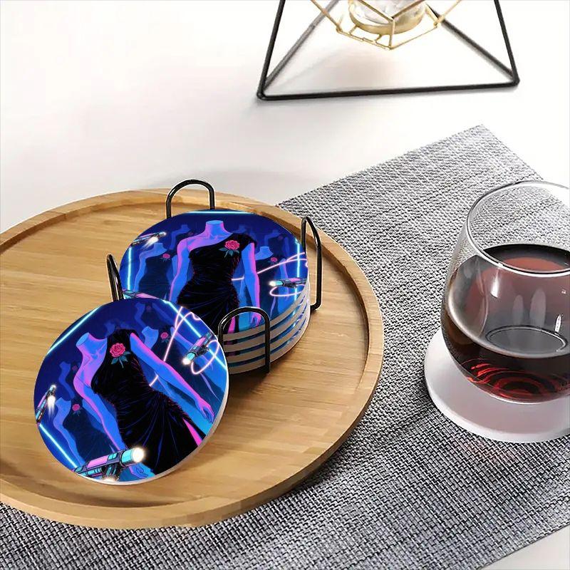6-piece ceramic coaster set, futuristic theme: black off-the-shoulder dress with neon guns, heat-resistant and non-slip coasters with holders, perfect for home, dining, and as beverage mats.