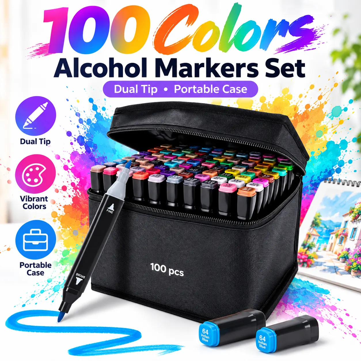 100 Colors Dual Tip Alcohol Markers Set with Carrying Case, Color-Coded Art Markers for Drawing, Coloring, Illustration & Sketching, Bonus Brochure Included