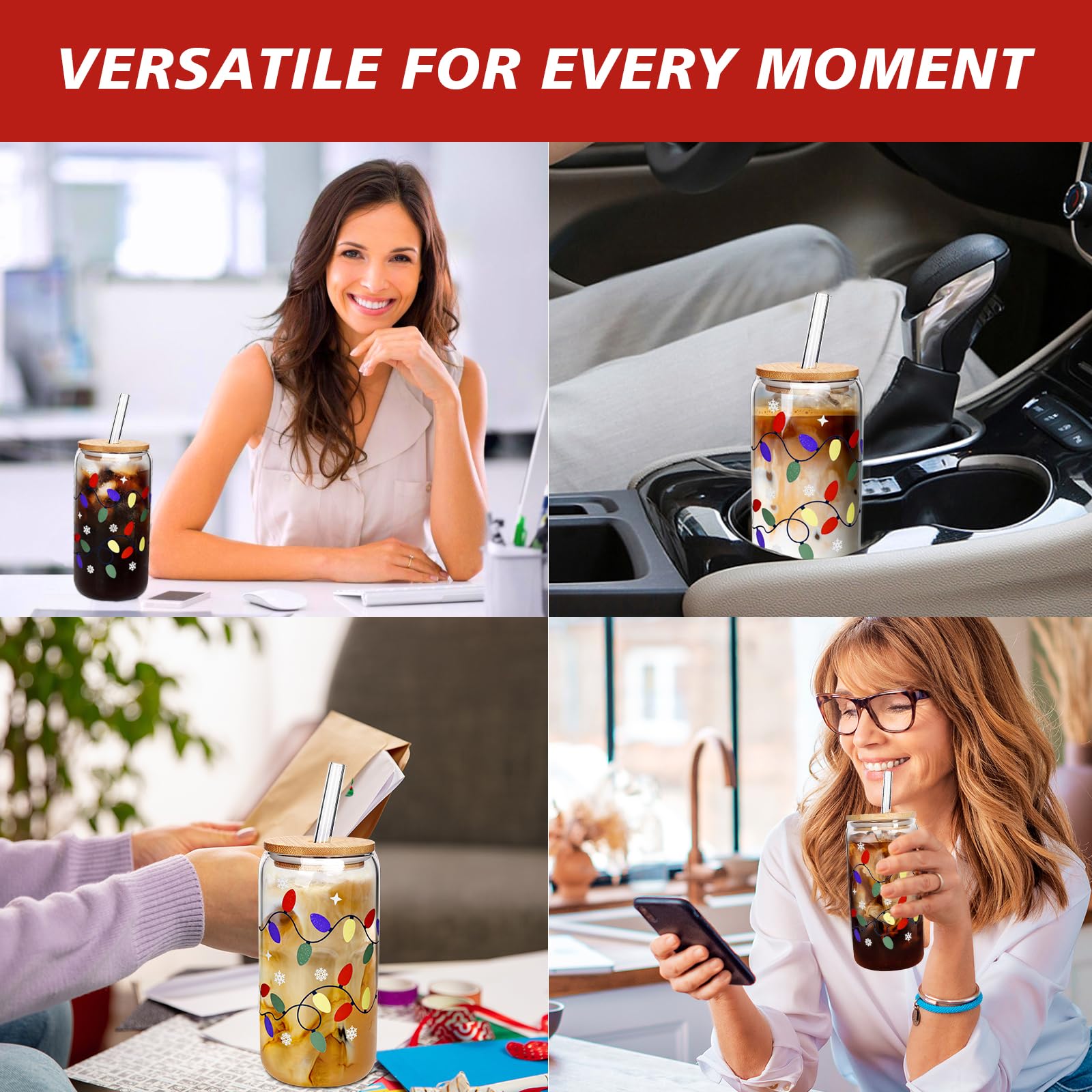 Christmas Glass Cups 17oz Iced Coffee Cups with Lids  with Color Changing and Straws Drinking Glasses Cups Decor Glass Water Bottles Gift for Women Kids Men Cute Drinking Can Jar, Floral Tumbler, Beer Can Gifts