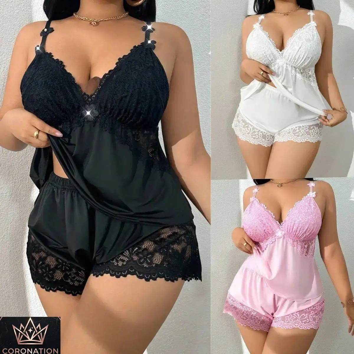 Women's Lace Pajama Set, Viral Aesthetic Coquette Two Piece Lingerie Sleepwear, Plus Size Soft Stretch Cami Shorts Lounge Set, Lightweight Breathable Nightwear for Bedroom, Honeymoon, Valentine's Day, Vacation
