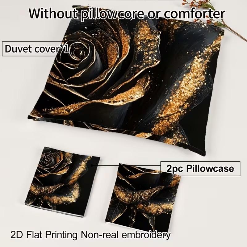 Gold Rose Print Bedding Set, 1 Duvet Cover + 2 Pillowcases, High-Definition Printing, Home & Dormitory Bed Linen
