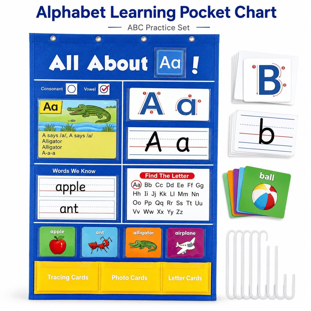 Alphabet Learning Pocket Chart, Alphabet Wall Chart ABC Flash Cards Learning Material, Handwriting Practice Letter Tracing Learning Activities, for Toddlers, Preschool & Homeschool Classroom Must Haves