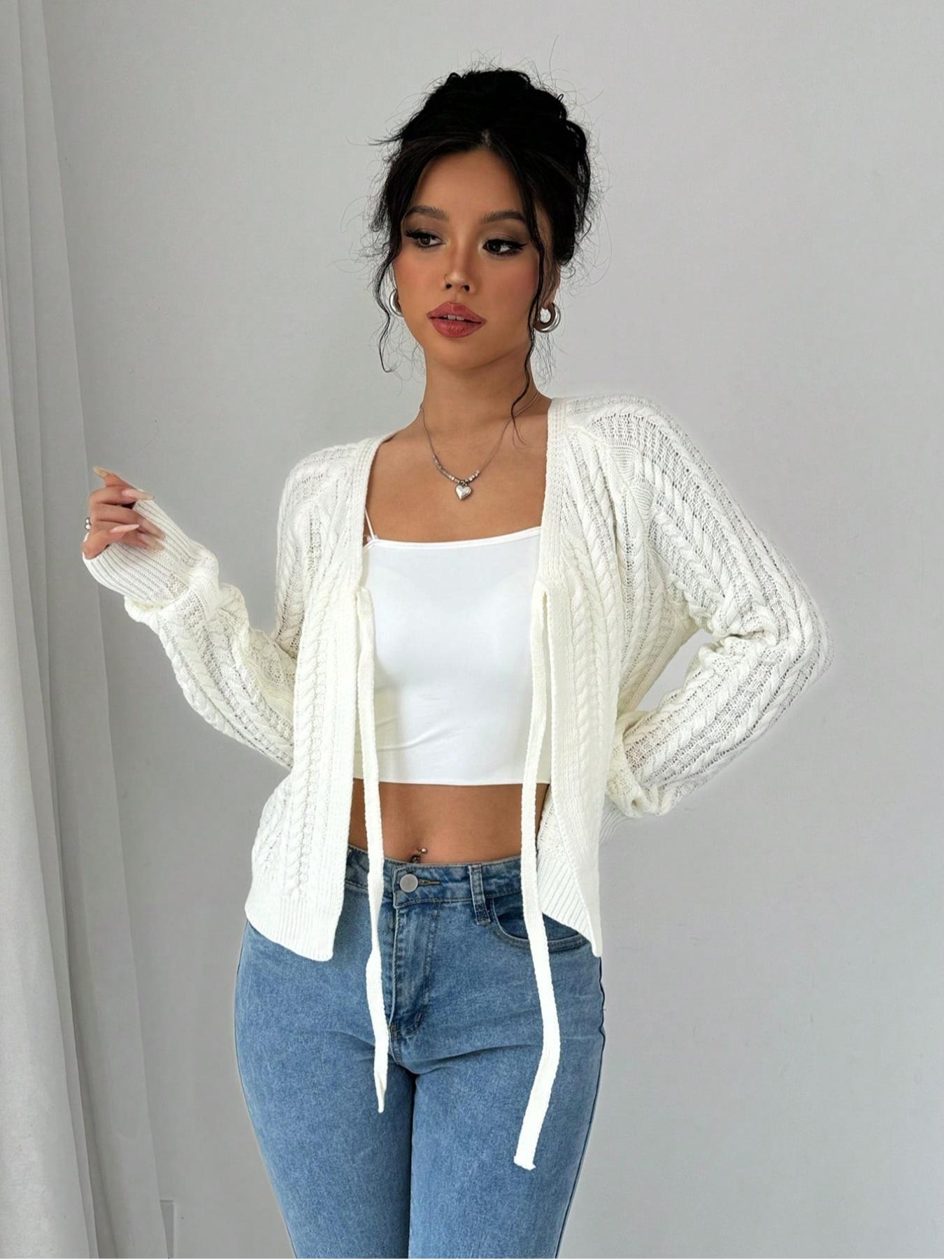 Women's Solid Tie Front Raglan Sleeve Sweater Cardigan, Casual Long Sleeve Cardigan for Spring & Fall, Fashion Women's Knitwear for Daily Wear