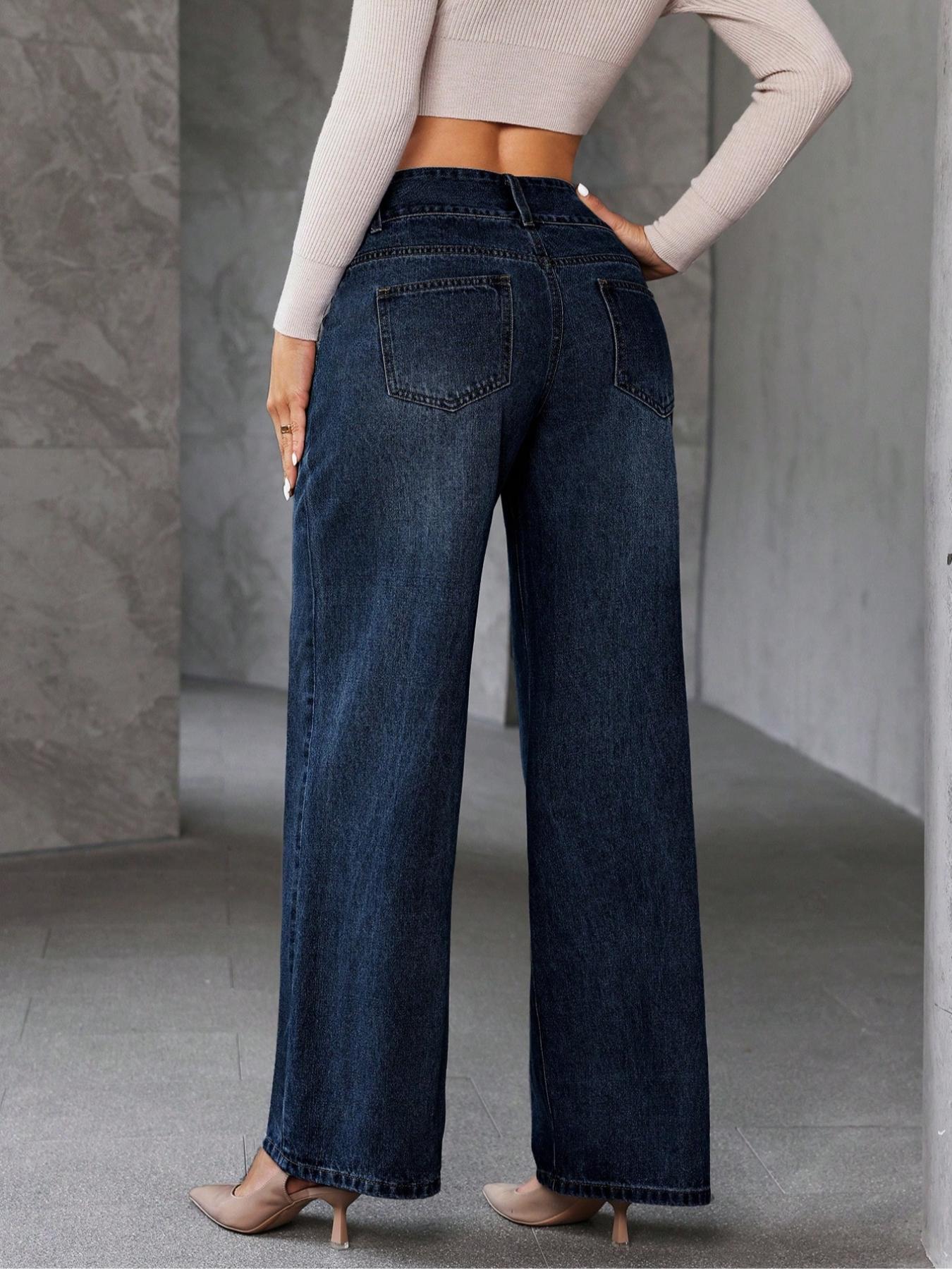 Women's Wide-Leg Loose-Fit Jeans Pants, High-Waisted Button Fly Denim Jeans with Pockets, Fashionable Comfortable Everyday Casual Wear for All Seasons
