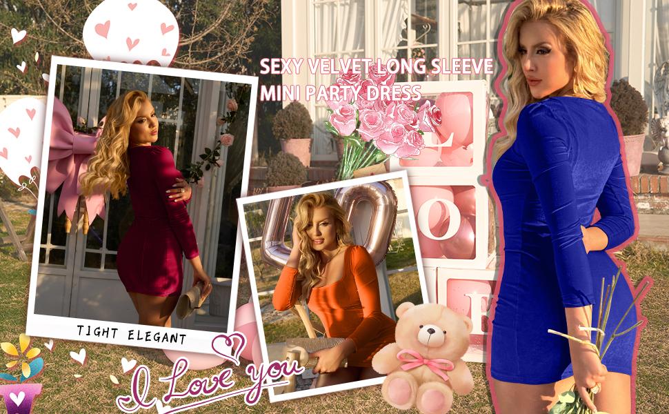 OYV Womens Sexy Velvet Long Sleeve Square Neck Bodycon Elegant Party Mini Dress OYV Womens Sexy Velvet Long Sleeve Square Neck Bodycon Elegant Party Mini Dress