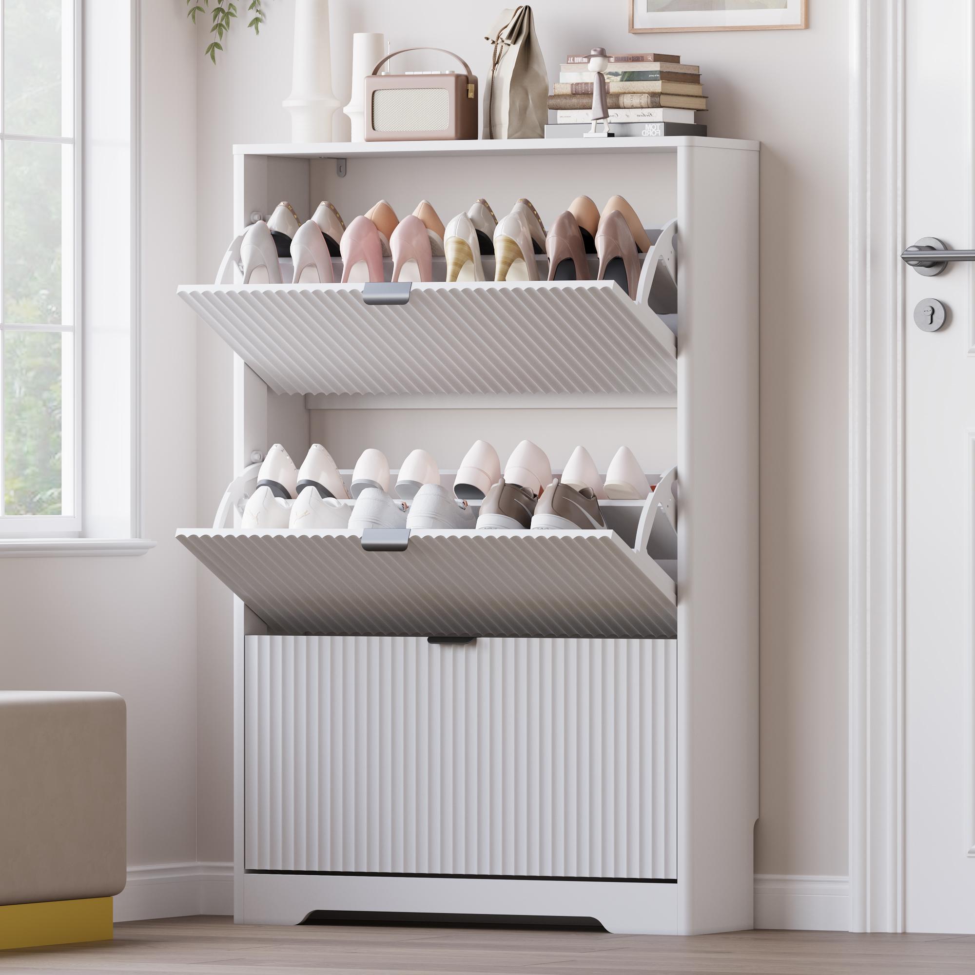 Natural Finish Shoe Cabinet Storage for Entryway with 3 Flip Drawers, Black Fluted Shoe Cabinet with Adjustable Shelves, Wooden Hidden Shoe Rack Freestanding Narrow Slim Shoes Storage for Hallway, Entrance