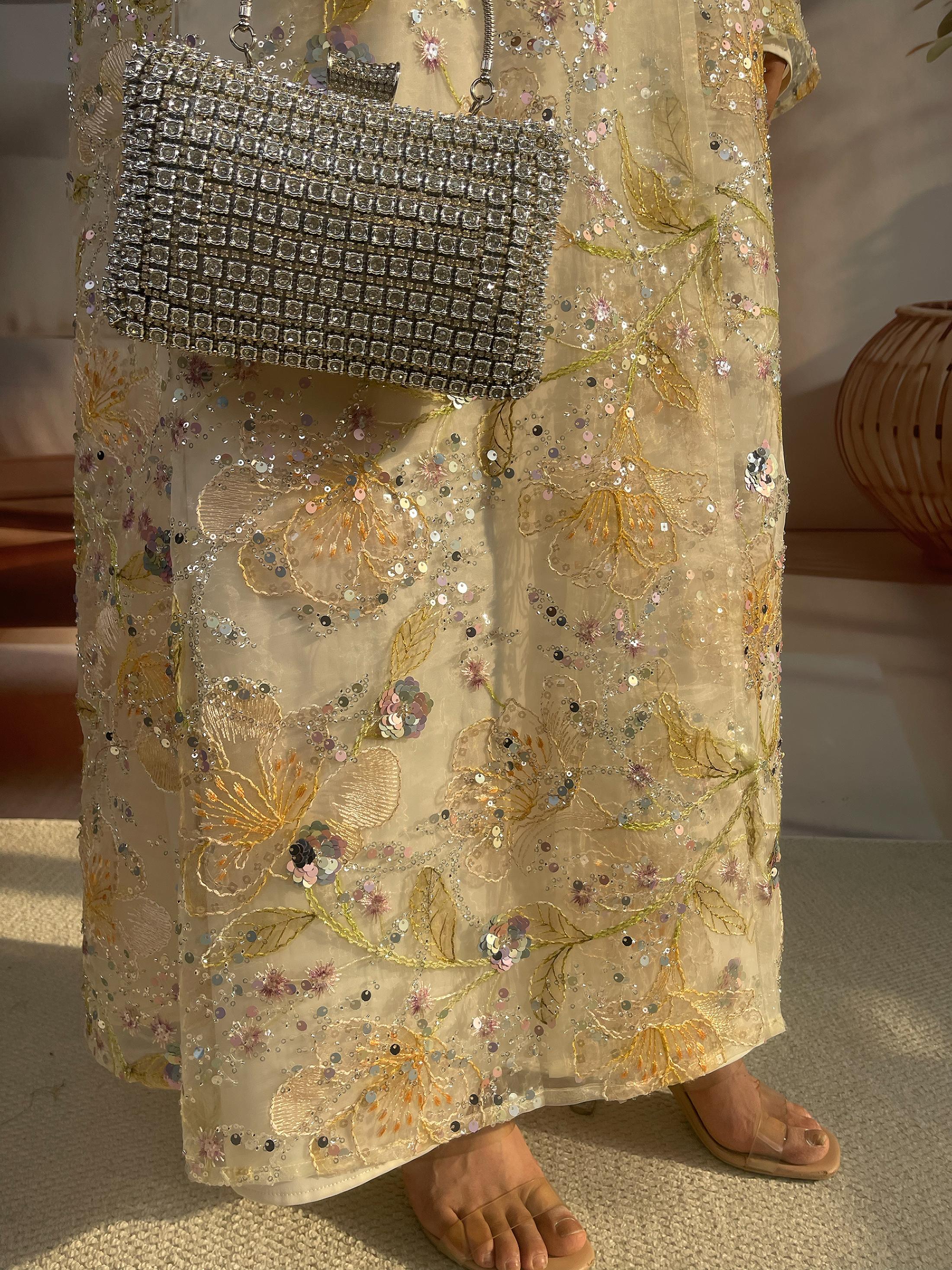 Women's 2-Piece Embroidered Flower Beaded Sequins Open Abaya and Satin Lined Dress Set (Open Abaya + Inner Dress)