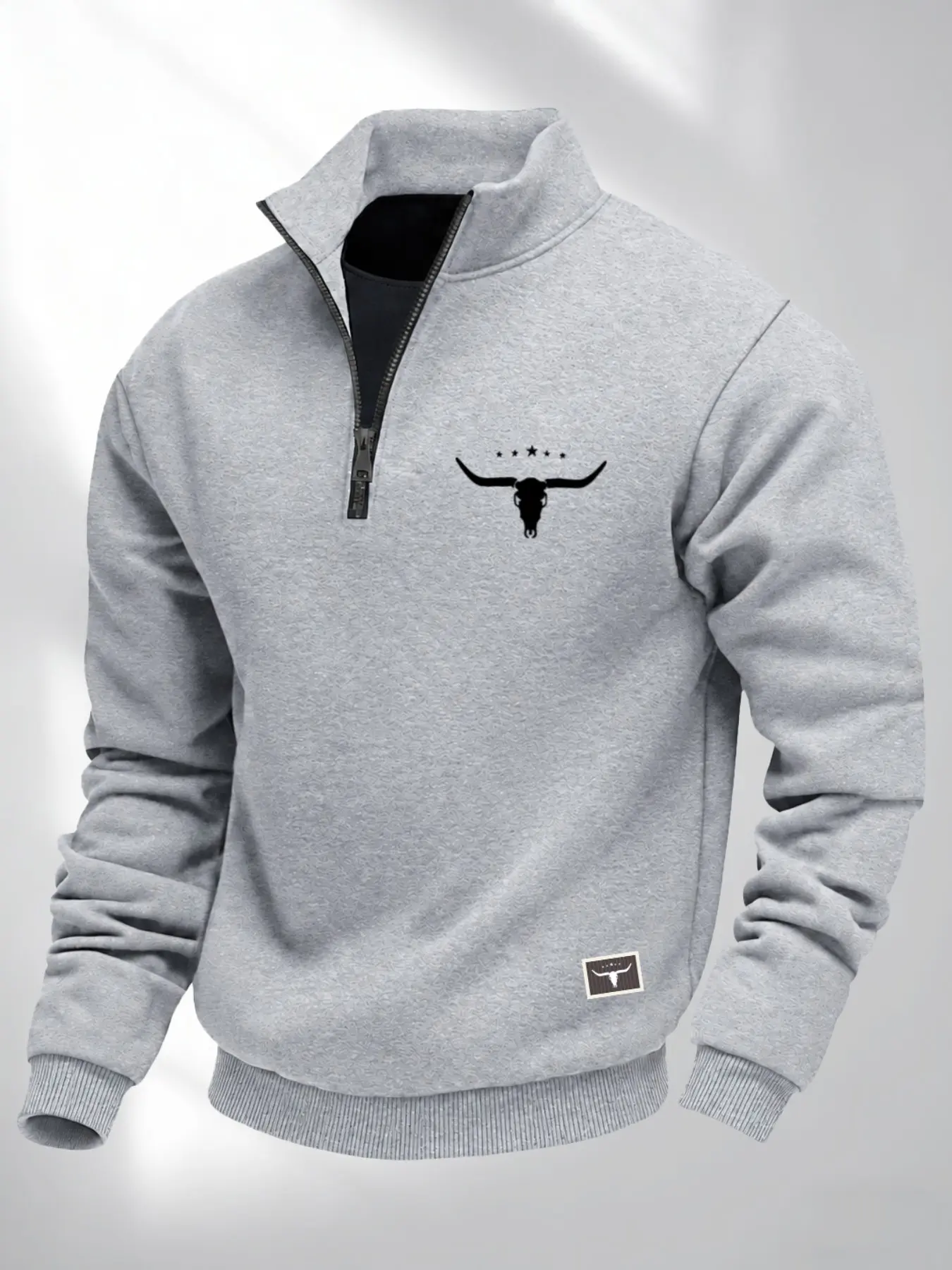 Quarter Zip Sweatshirt, Western Longhorn Skull Graphic Print, Stand Collar Pullover, Long Sleeve, Casual Cowboy Style Top #QuarterZip #WesternStyle #LonghornPrint #CowboyVibes #MensSweatshirt