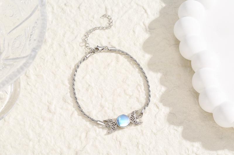 DRINSPER S925 Moonstone Bracelet, Hecate Triple Moon Goddess Bracelet, Artificial Moonstone, Pagan Wiccan Amulet Bracelet, 925 Sterling Silver Bracelet,Fashion Celtic Knot Crescent Moon,Elegant Jewelry Accessory for Women Girlfriend Girls