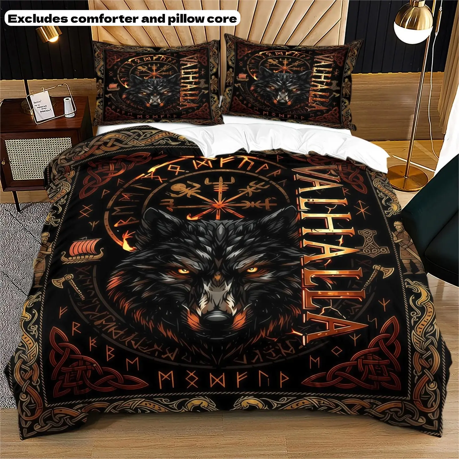 Nordic Hall Of Valor Wolf Theme Quilt Cover Set, Viking Mythology Gothic Style Bedding Set (1 Quilt Cover + 1/2 Pillowcase, Not Containing Fillers), Suitable For Men, Viking Culture Enthusiasts, Bedrooms, Dormitories, Bed Covers
