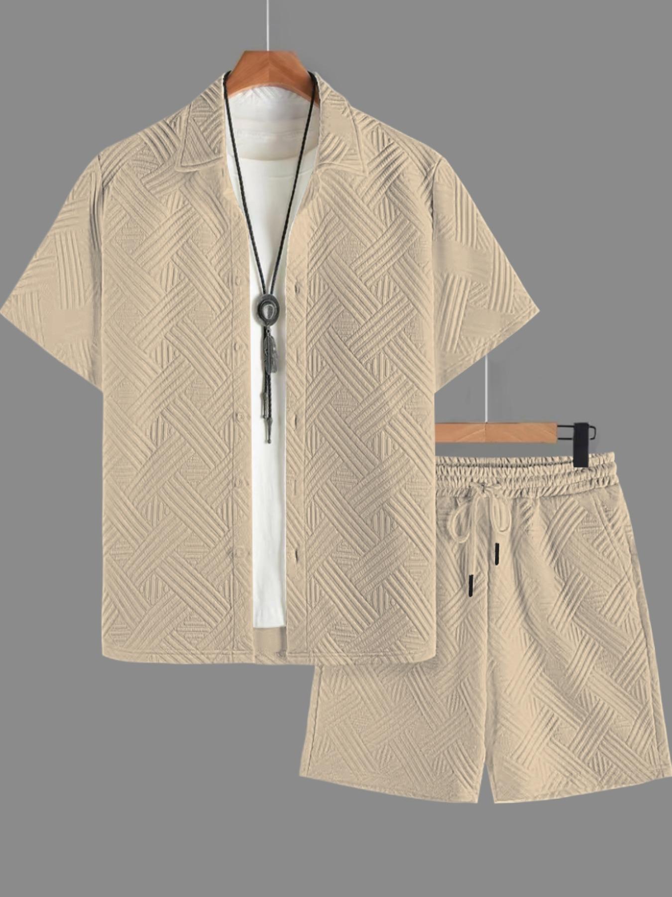 Two-piece Set Men's Solid Color Button Top & Drawstring Waist Shorts Set, Regular Fit Casual Short Sleeve Top & Pocket Shorts, Shortsleeve Men's Summer Clothes, Loungewear, Pajamas Set