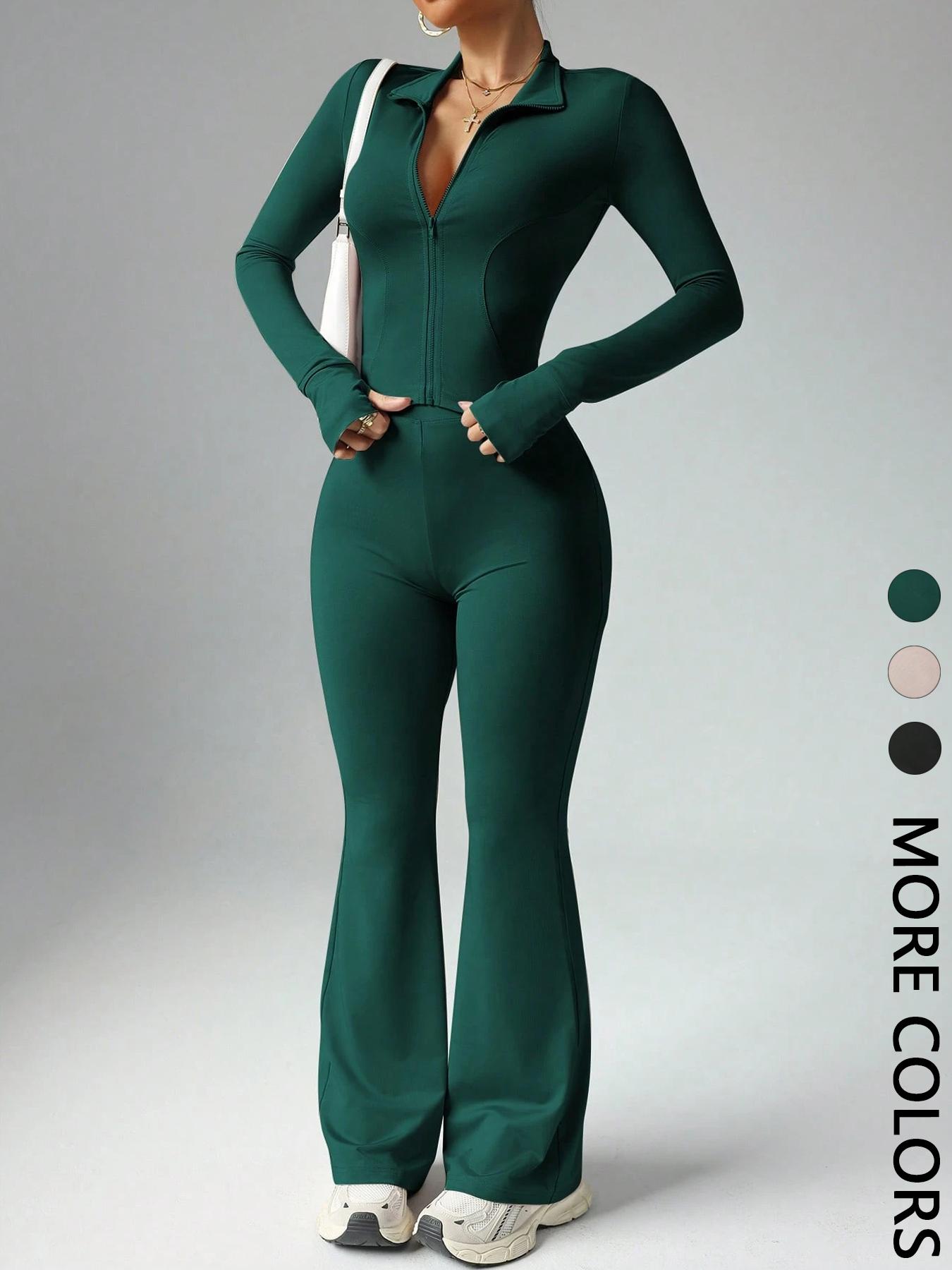 Women's Solid Color Long Sleeve Zipper Jacket & Flare Pants Set, Casual for Daily Wear, Ladies Fashion Clothing Combo