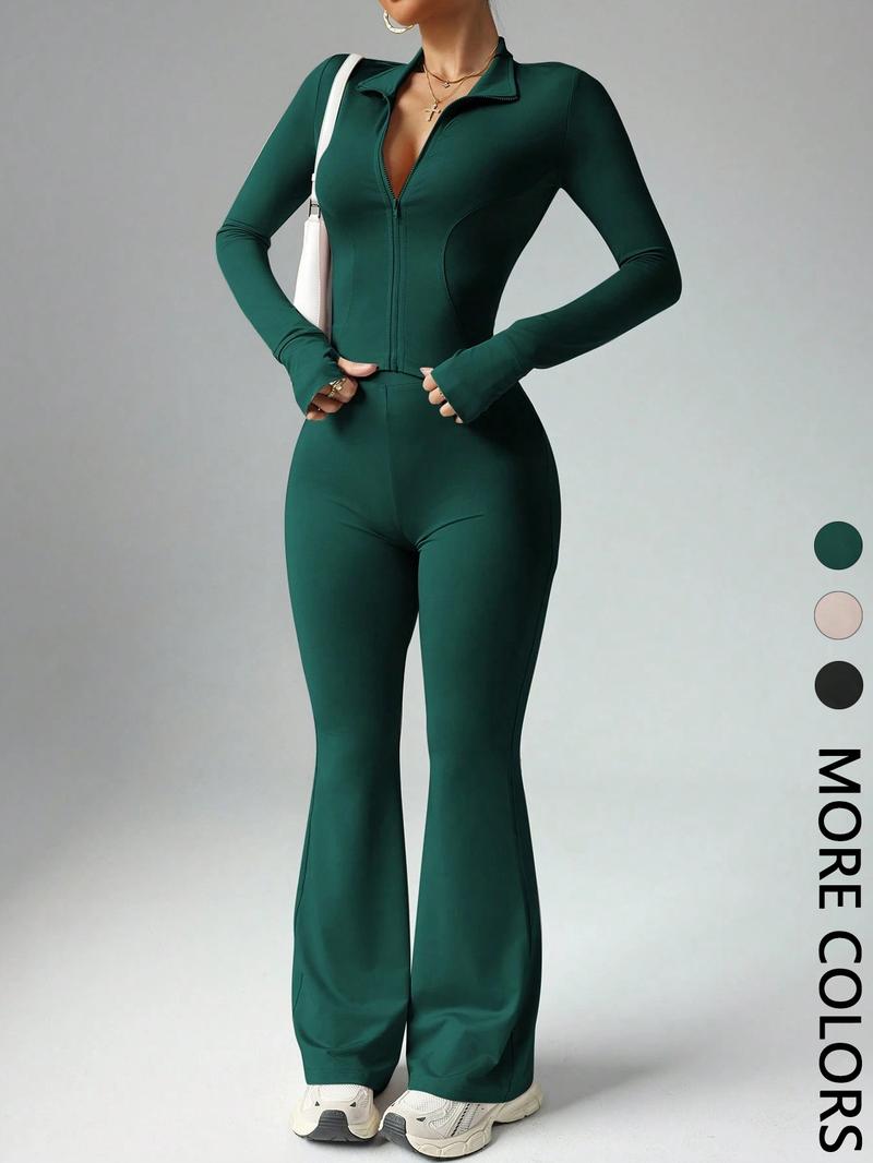 Women's Solid Color Long Sleeve Zipper Jacket & Flare Pants Set, Casual for Daily Wear, Ladies Fashion Clothing Combo