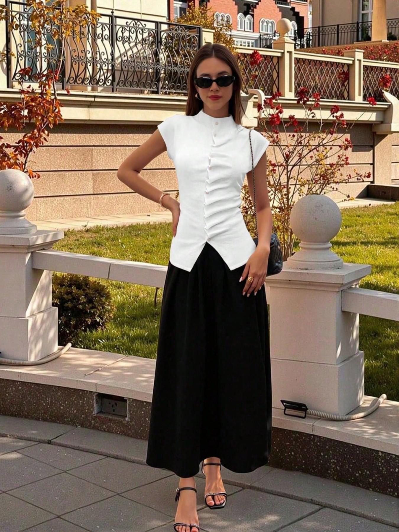 Women's White Stand-Collar Knit Top, Ruched Button-Front Cap-Sleeve Blouse, Slim-Fit Casual Knitted Shirt in Soft Stretchy Fabric, Body Hugging Tops, Button Closure Top, Office Wear, Daily Wear, Business Casual and Date Night, Spring Summer Knitwear
