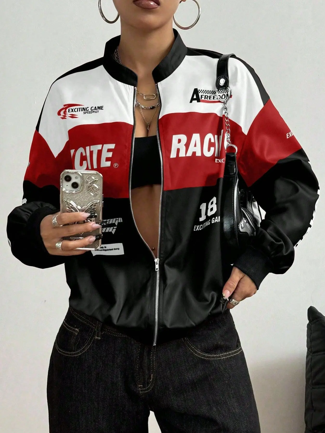 Women's Colorblock Racing Jacket, Zip-Up Letter Print Pilot Style Coat, Perfect for Streetwear, Casual, and Fall, Fashion