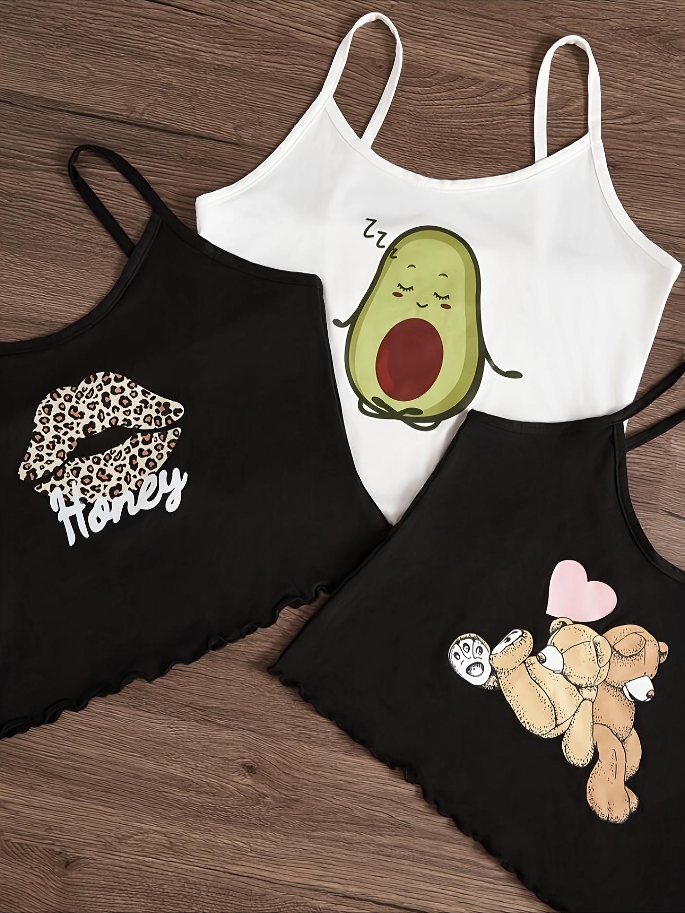 Women's 3-Piece Teddy Bear Avocado Leopard Print Sleepwear Set, Soft Cotton Lounge Wear, Comfortable Home for Women